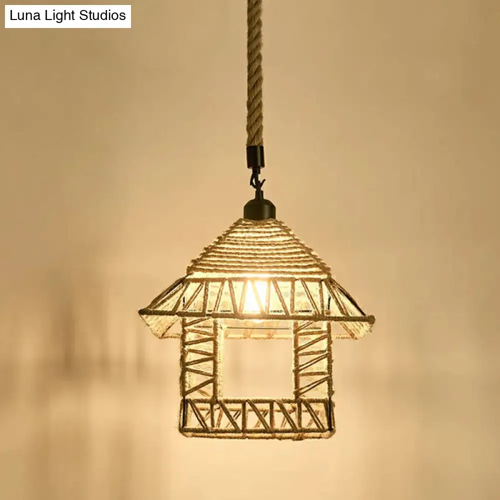 Hemp Rope Pendant Light - Antique 1-Light Fixture in Brown for Restaurants