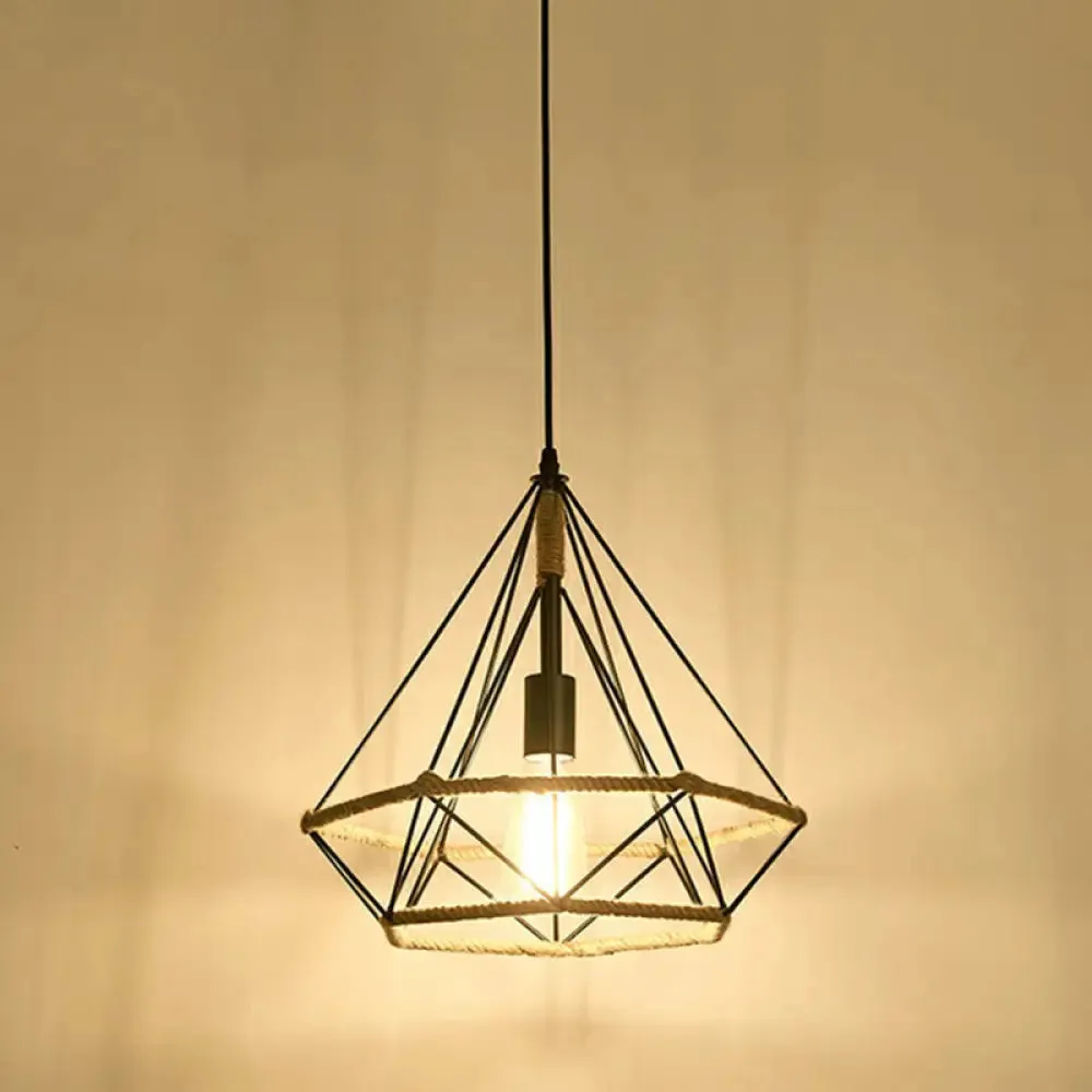 Hemp Rope Pendant Light - Antique 1-Light Fixture in Brown for Restaurants