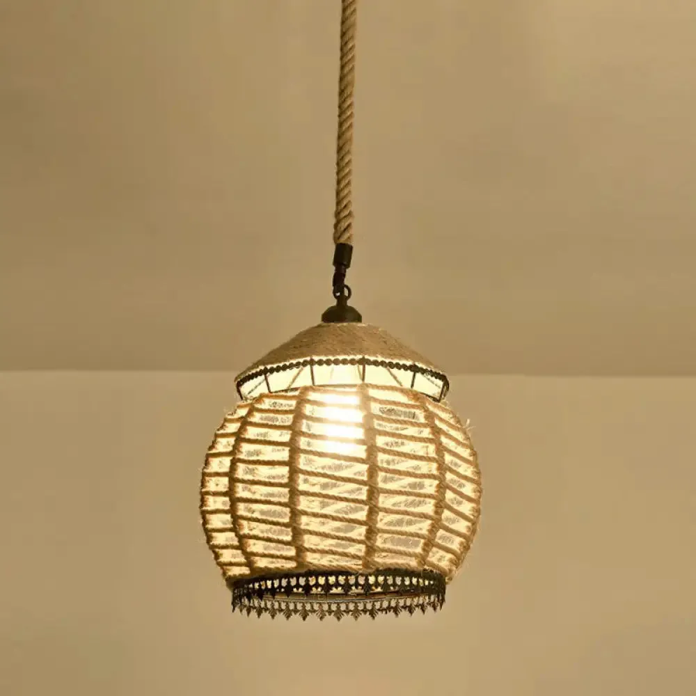 Hemp Rope Pendant Light - Antique 1-Light Fixture in Brown for Restaurants