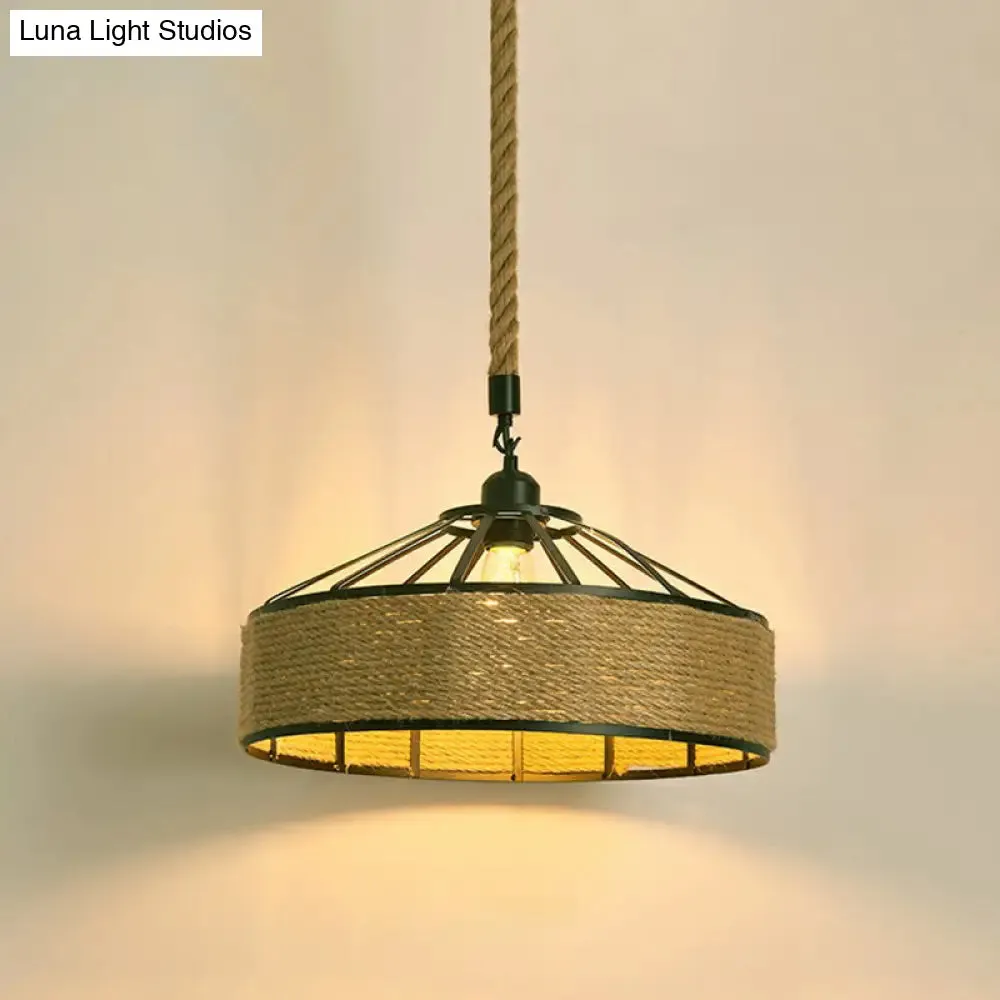 Hemp Rope Pendant Light - Antique 1-Light Fixture in Brown for Restaurants