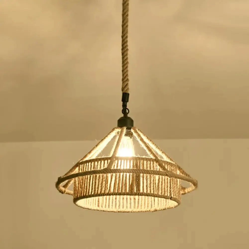 Hemp Rope Pendant Light - Antique 1-Light Fixture in Brown for Restaurants