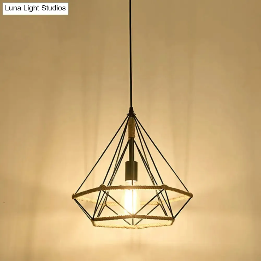 Hemp Rope Pendant Light - Antique 1-Light Fixture in Brown for Restaurants