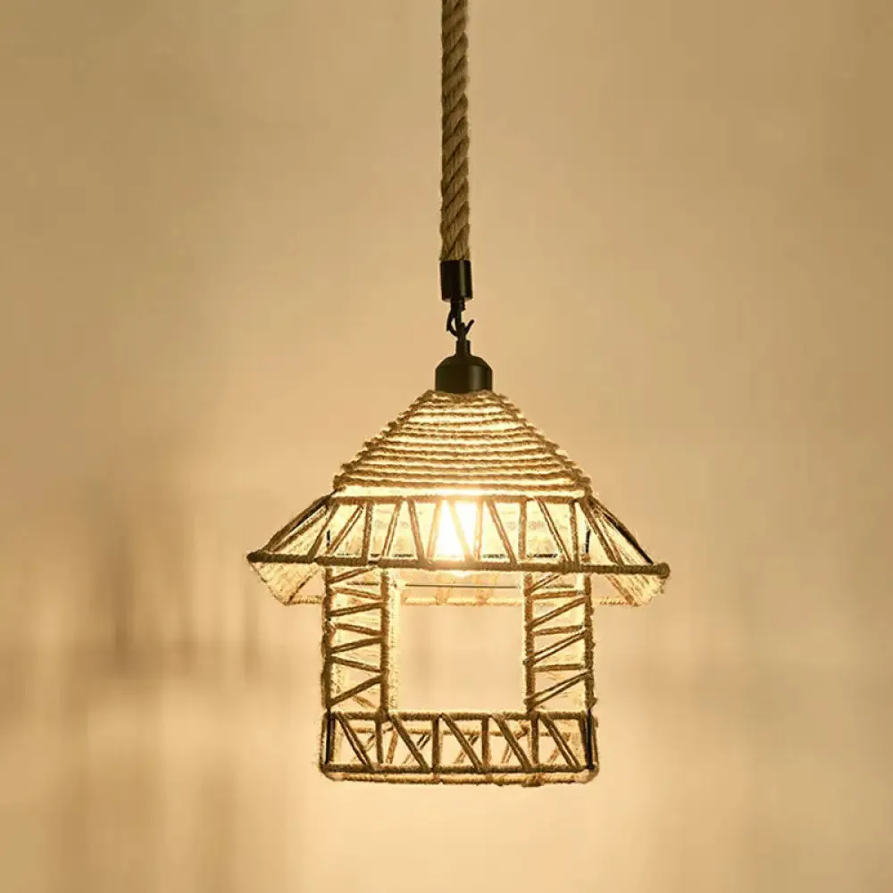 Hemp Rope Pendant Light - Antique 1-Light Fixture in Brown for Restaurants