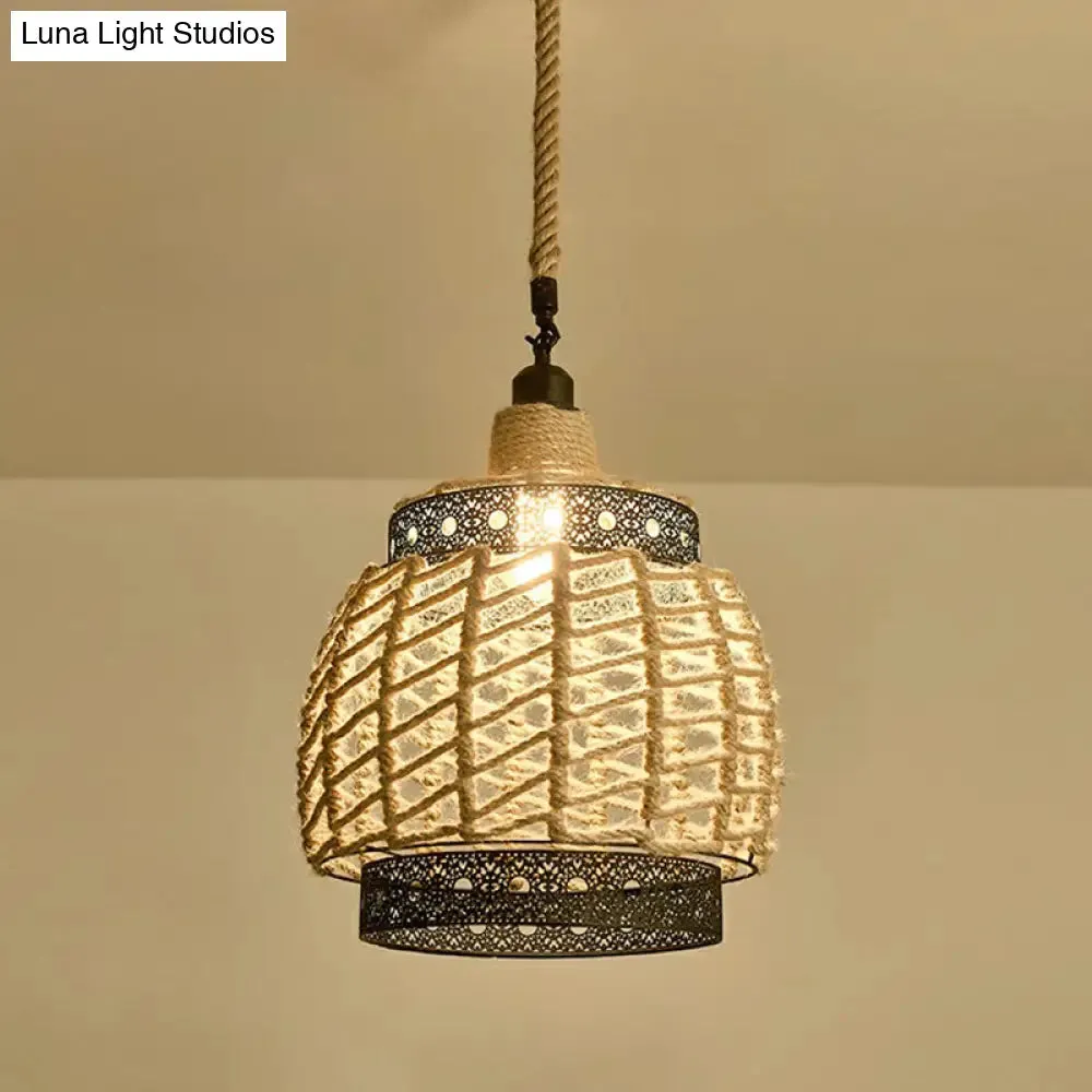 Hemp Rope Pendant Light - Antique 1-Light Fixture in Brown for Restaurants