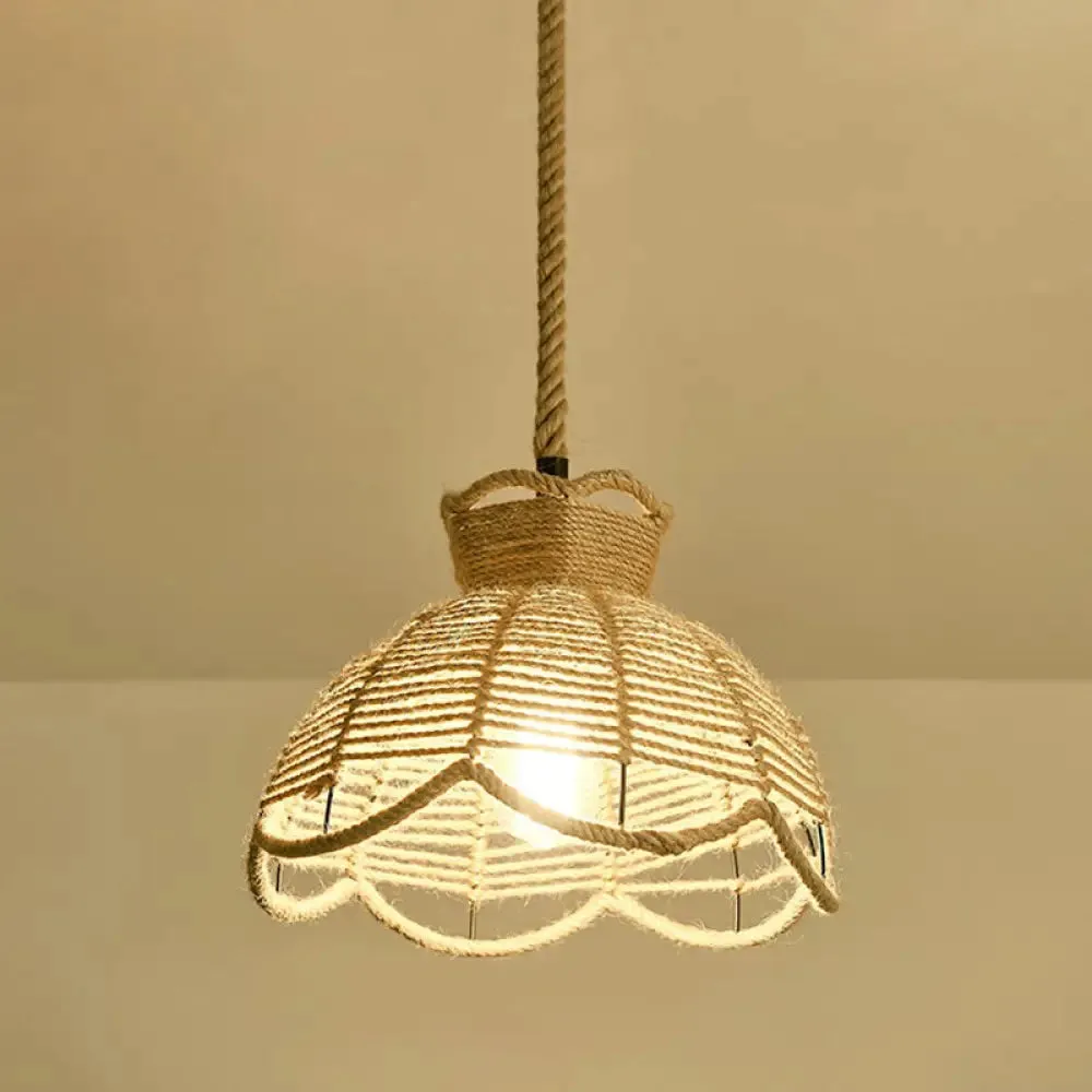 Hemp Rope Pendant Light - Antique 1-Light Fixture in Brown for Restaurants