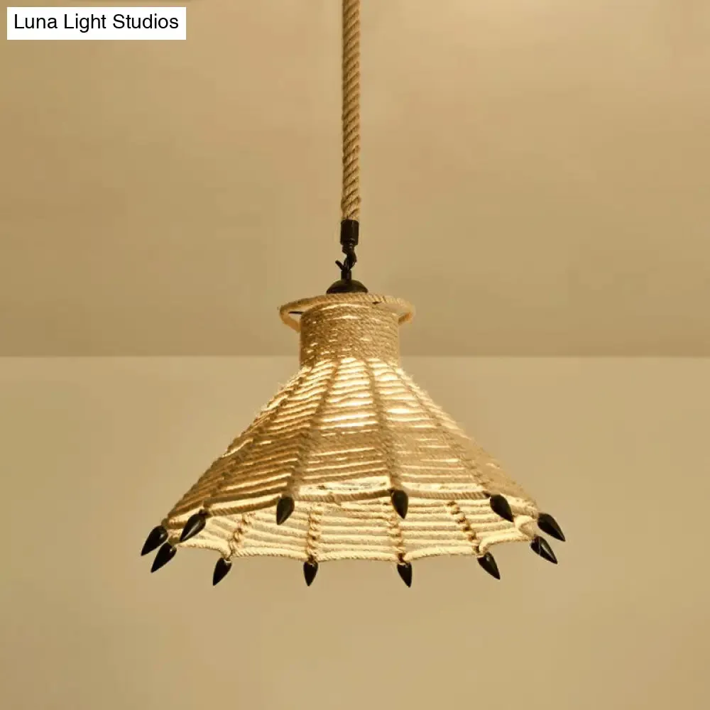 Hemp Rope Pendant Light - Antique 1-Light Fixture in Brown for Restaurants