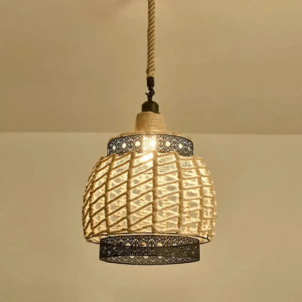 Hemp Rope Pendant Light - Antique 1-Light Fixture in Brown for Restaurants