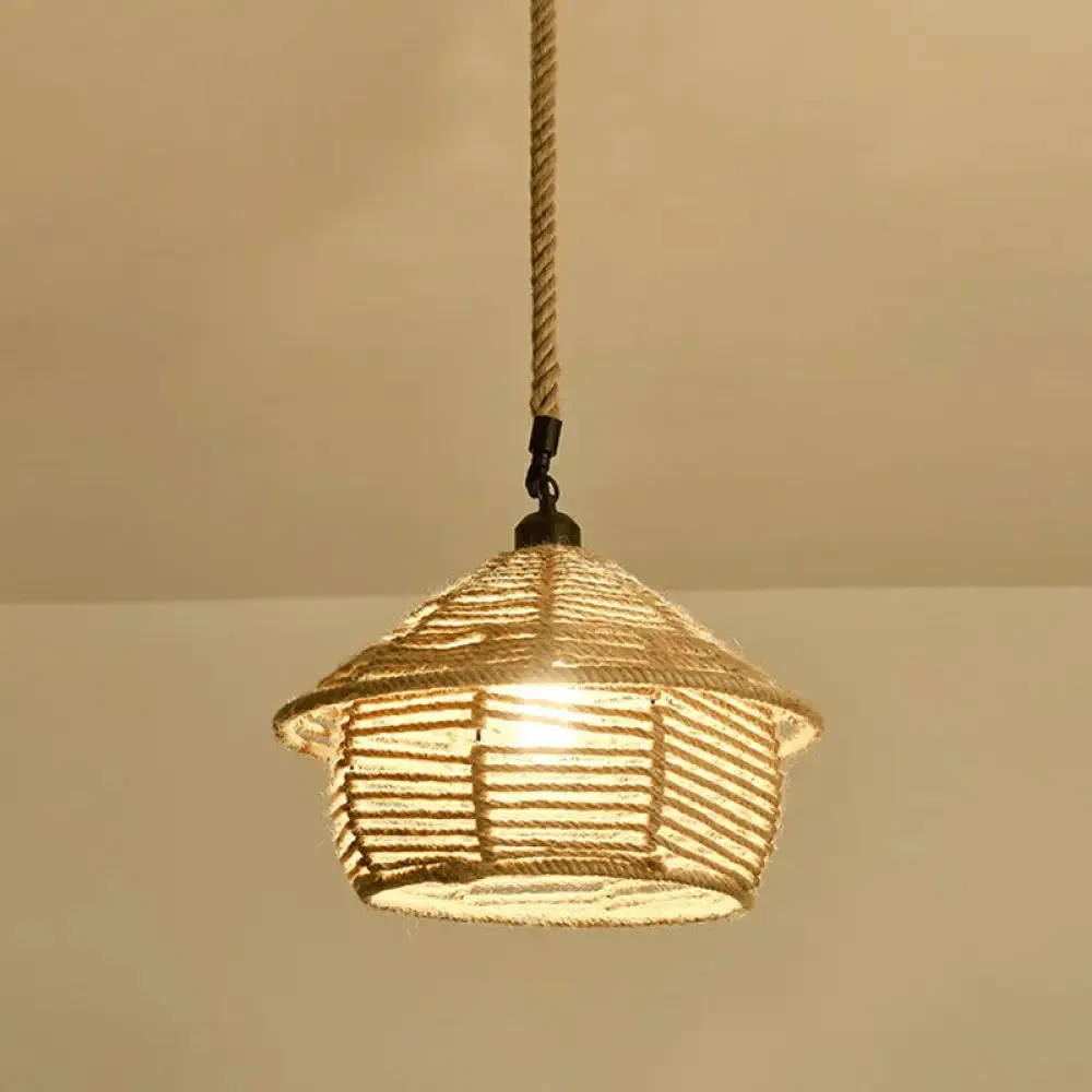 Hemp Rope Pendant Light - Antique 1-Light Fixture in Brown for Restaurants