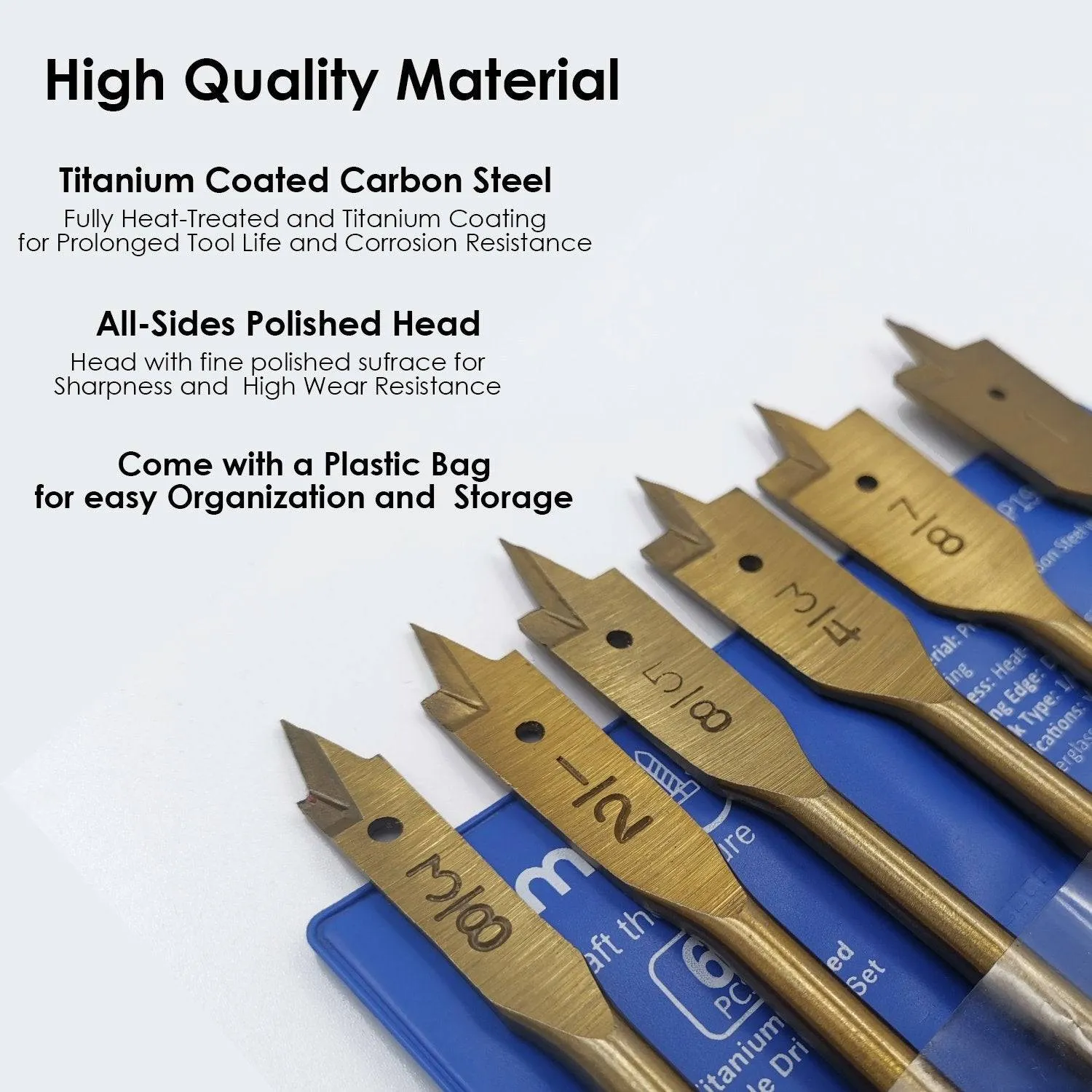 High Carbon Steel Wood Spade Drill Bit Set, Titanium Coating, for Woodworking, 6 pcs