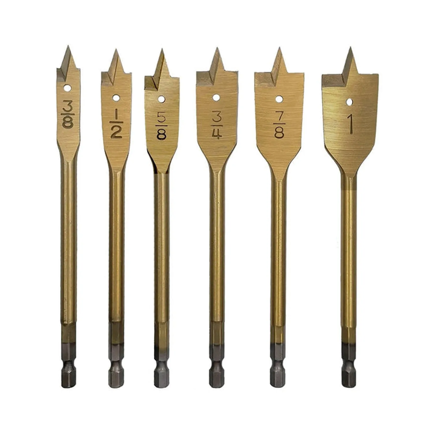 High Carbon Steel Wood Spade Drill Bit Set, Titanium Coating, for Woodworking, 6 pcs