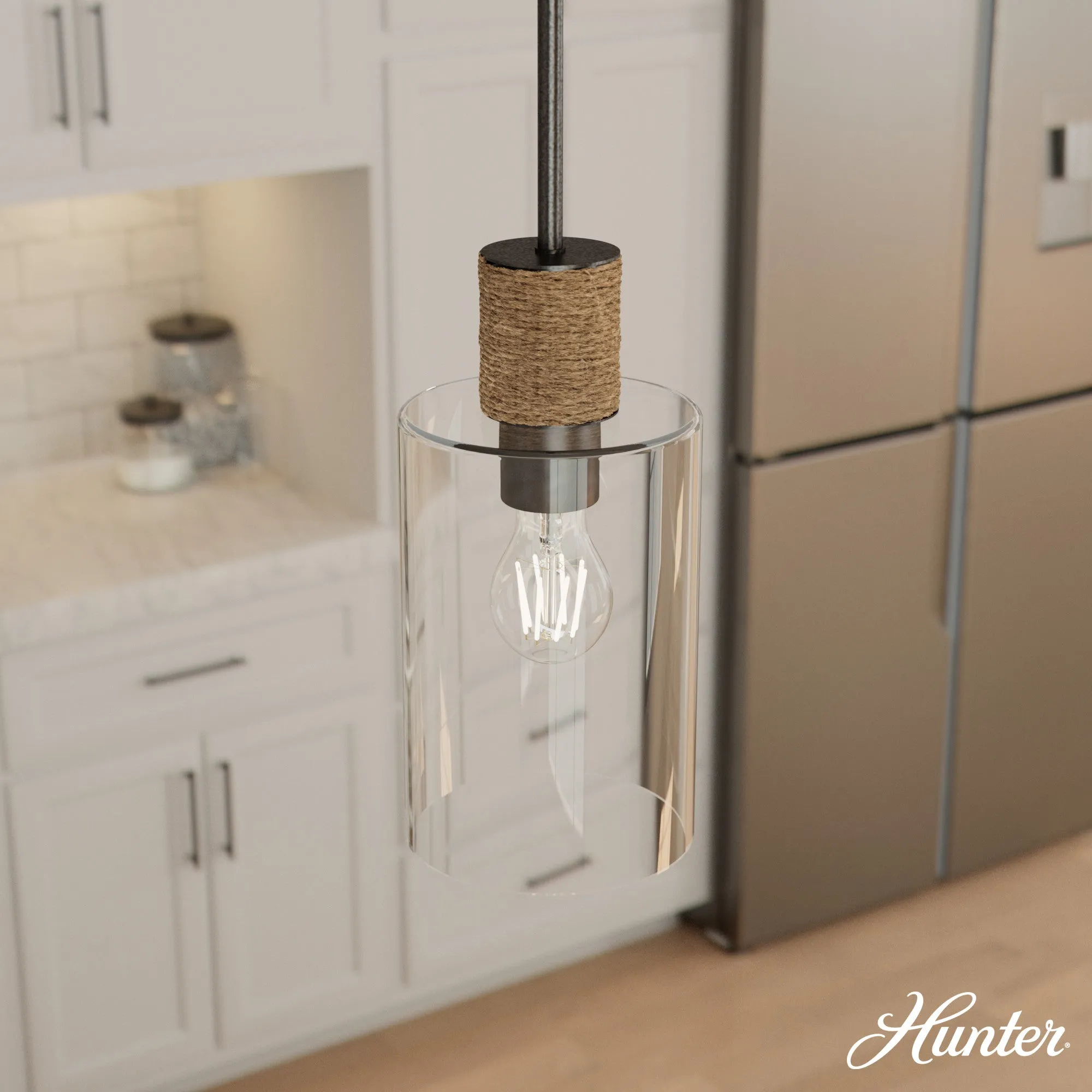 Hunter Vanning Noble Bronze and Natural Sisal Rope with Clear Glass 1 Light Pendant Ceiling Light Fixture - Jasmine Roth Collection