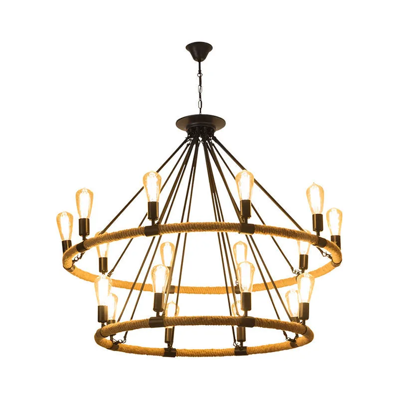 Industrial 2-Tier Beige Chandelier Pendant Lamp with 18 Ring Rope Lights for Restaurants