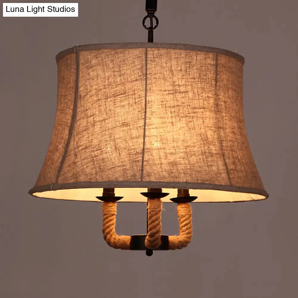 Industrial Beige Chandelier Light with Multi Lights & Fabric Dome Shade - Ceiling Pendant Fixture with Hemp Rope