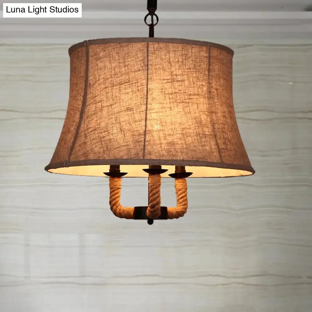 Industrial Beige Chandelier Light with Multi Lights & Fabric Dome Shade - Ceiling Pendant Fixture with Hemp Rope