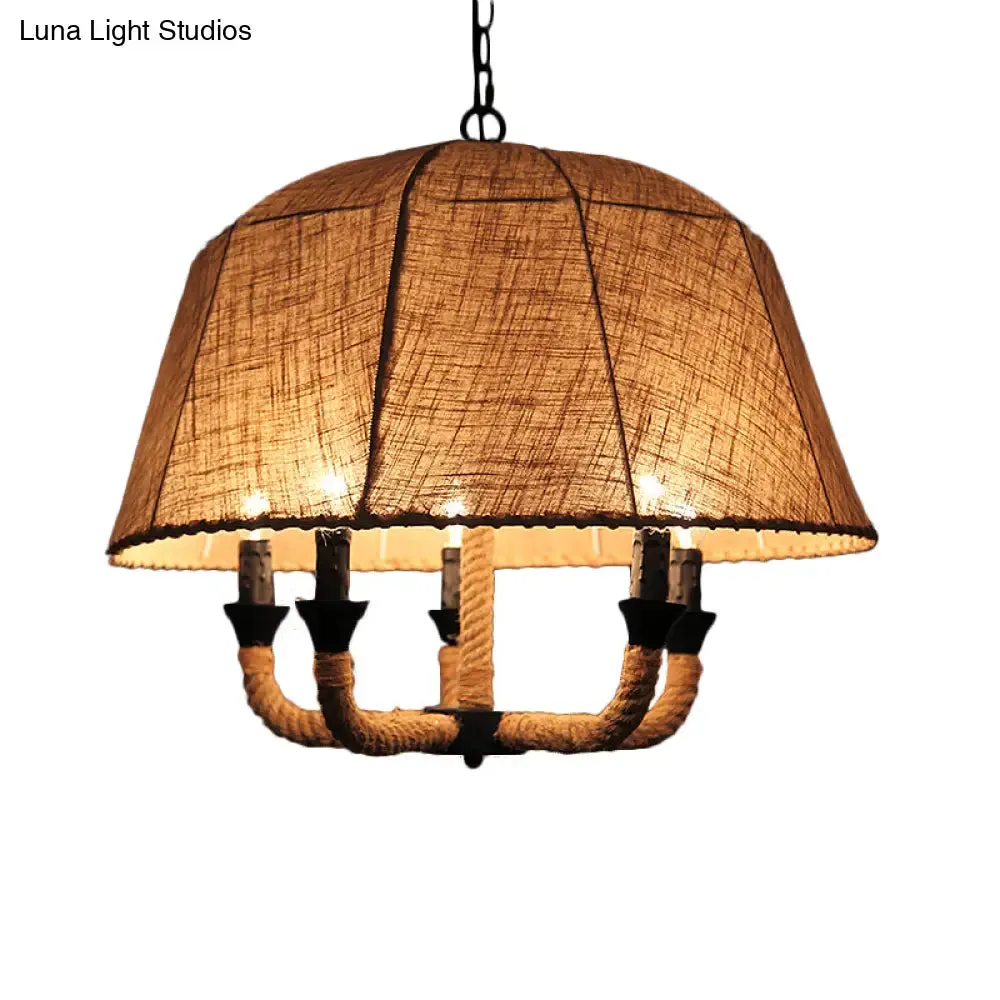 Industrial Beige Chandelier Light with Multi Lights & Fabric Dome Shade - Ceiling Pendant Fixture with Hemp Rope