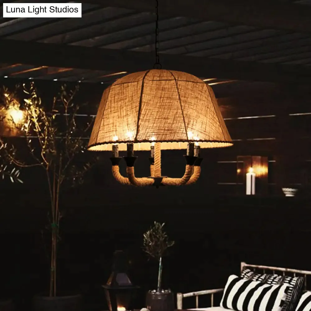 Industrial Beige Chandelier Light with Multi Lights & Fabric Dome Shade - Ceiling Pendant Fixture with Hemp Rope