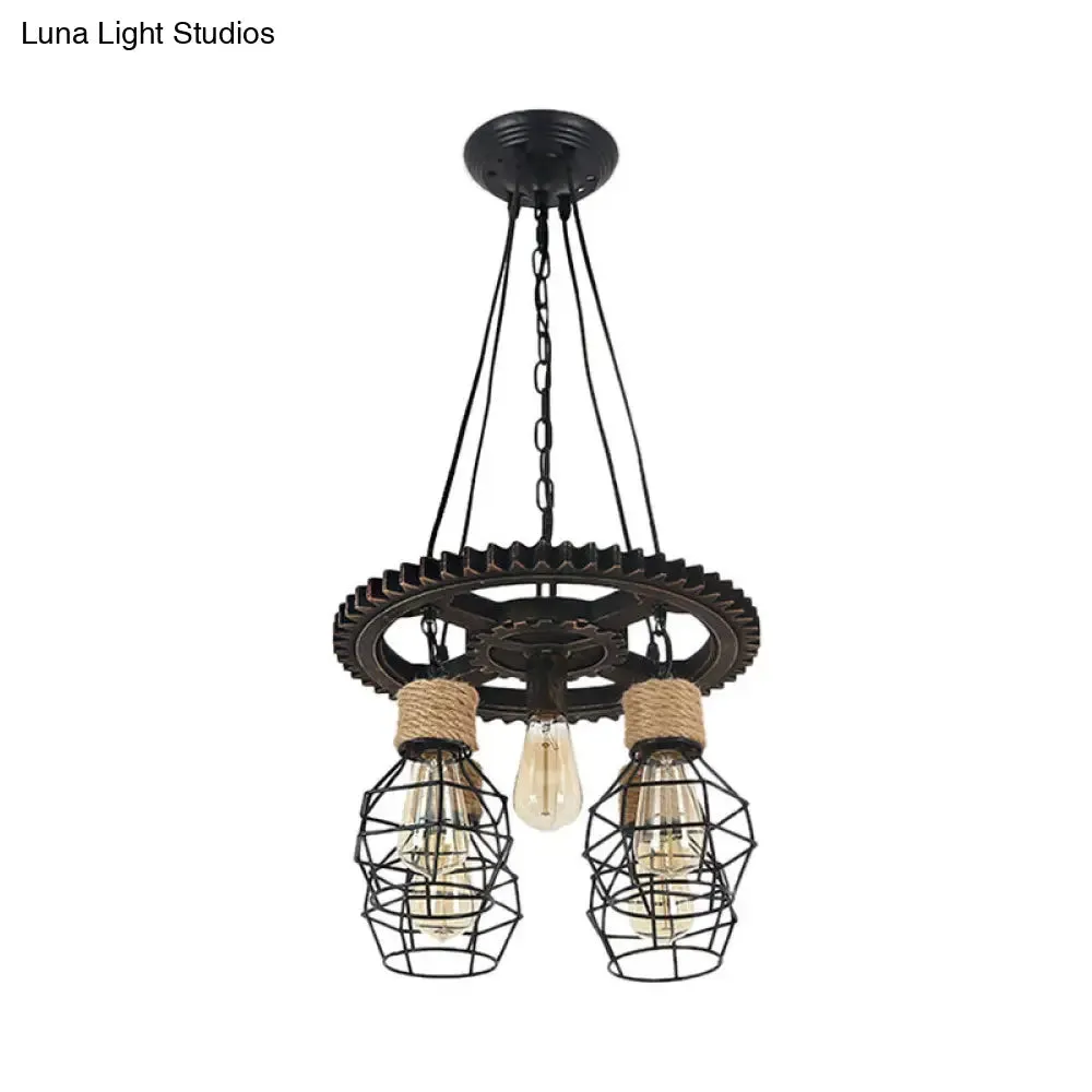 Industrial Black Metal and Rope Pendant Chandelier with Gear Shelf - 5-Light Globe Design for Dining Room - Hangs from Ceiling