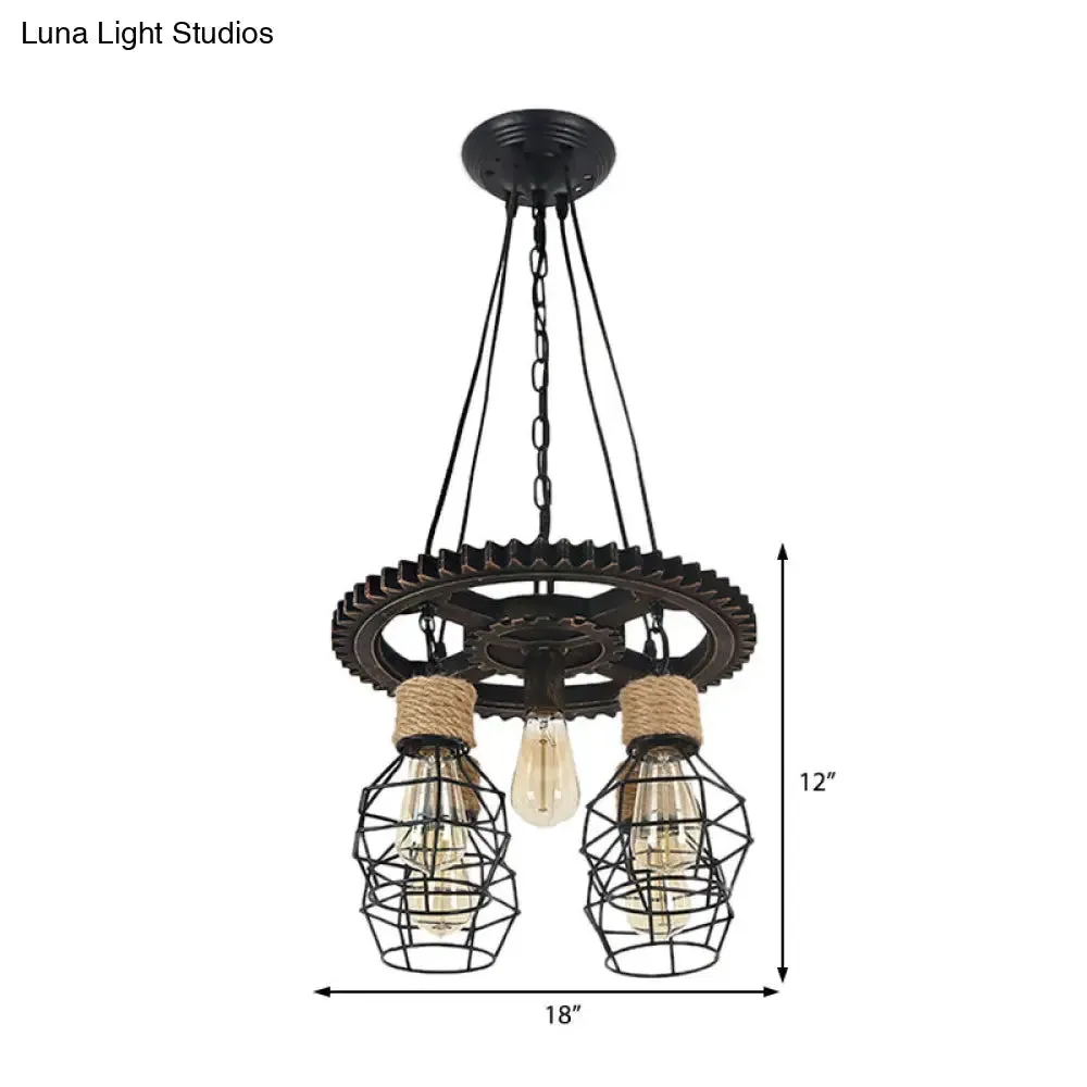 Industrial Black Metal and Rope Pendant Chandelier with Gear Shelf - 5-Light Globe Design for Dining Room - Hangs from Ceiling