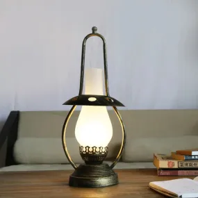 Industrial Brass Desk Lamp with White Glass Lantern and Metal Base