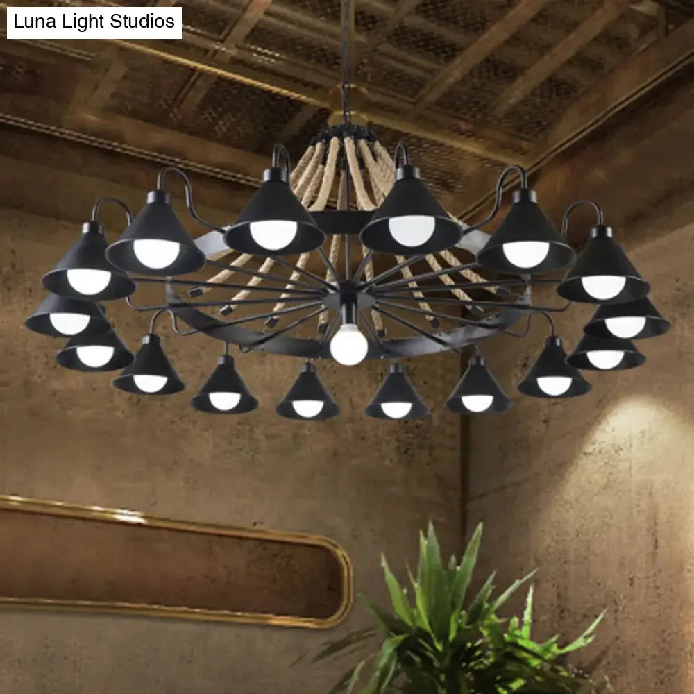 Industrial Metal Black Chandelier with Cone & Rope Design and Wagon Wheel Suspension