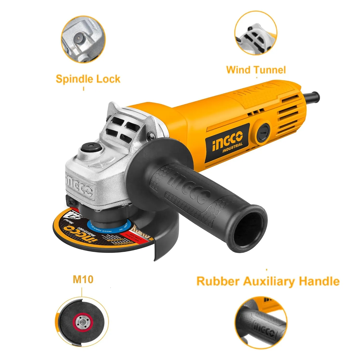 INGCO Angle Grinder, 100mm | 750W | 12000 RPM Power Grinder, Electric Metal Grinder with 1pcs Auxiliary Handle AG750282