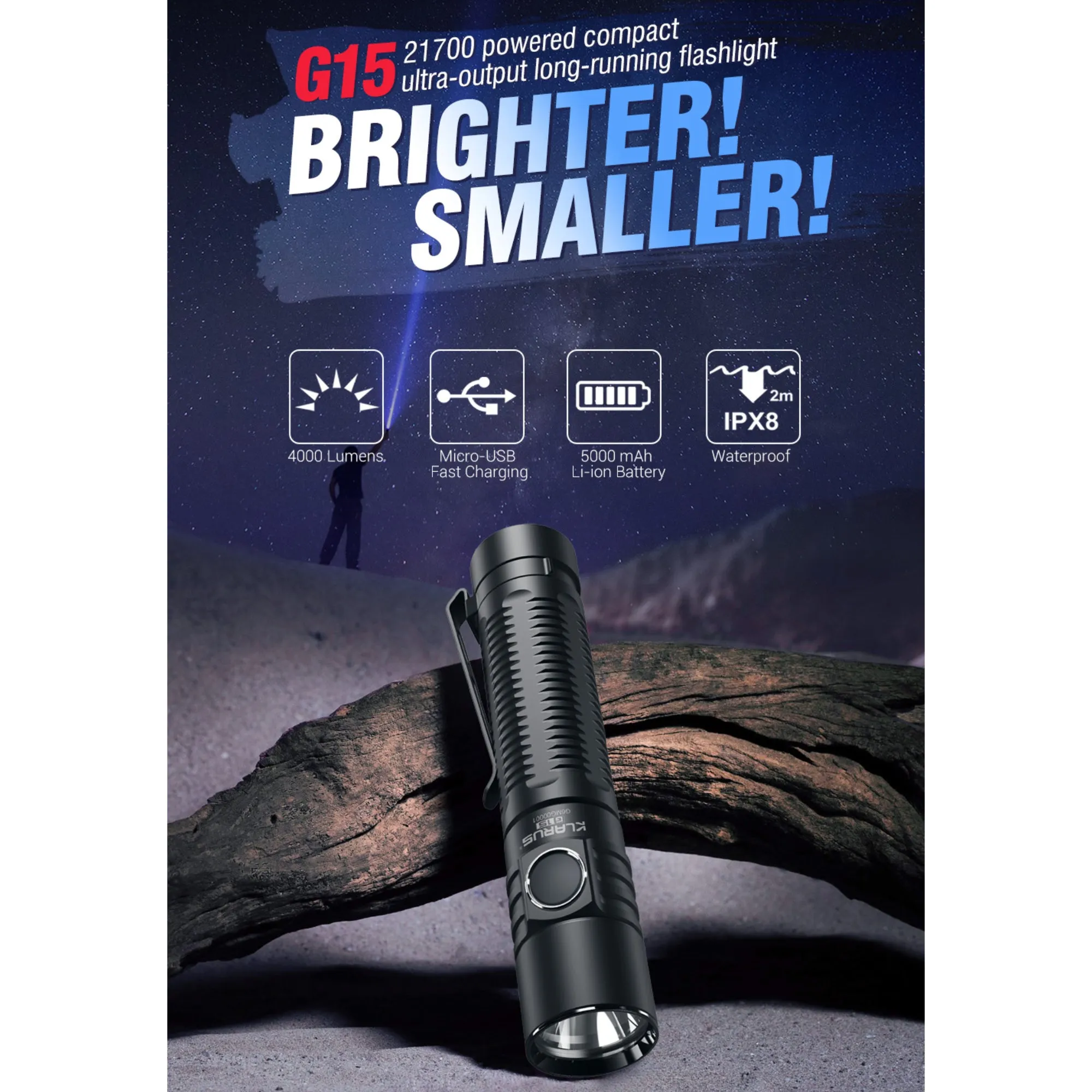 Klarus G15 Rechargeable Flashlight 4000 Lumen LED Tactical Light