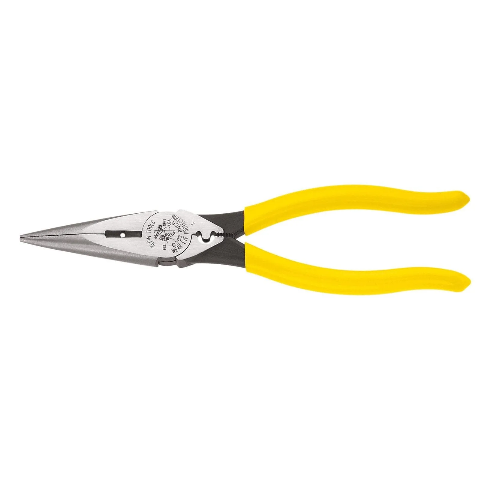 Klein 8'' Heavy-Duty Long-Nose Pliers - Side-Cutting, Wire Stripping & Crimping - D203-8NCR