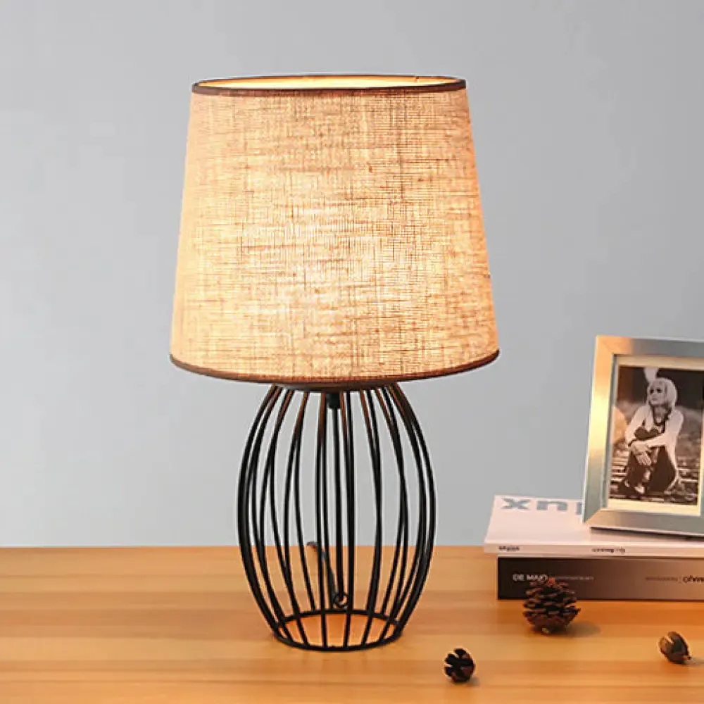 Loft Industrial Tapered Table Lamp - 1 Light Fabric with Oval Cage Base, Beige - Coffee Shop Lighting