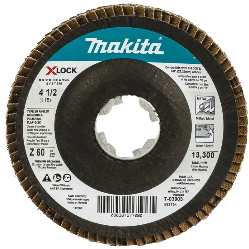 Makita X-LOCK T-03903 Grinding and Polishing Flap Disc, 4-1/2 in Dia, 7/8 in Arbor, 60 Grit, Coarse :CD: QUANTITY: 1