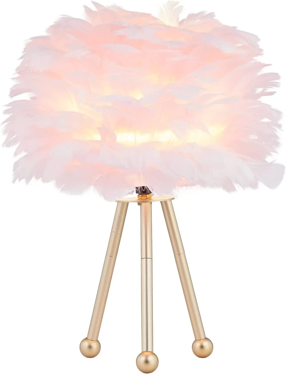 Maxax Tripod Table Lamp, Pink Feather Bedside Lamp, Nightstand Lamp with Gold Finish for Bedrooms/Living Room/Dining Room/Kitchen, 14.5 Inches