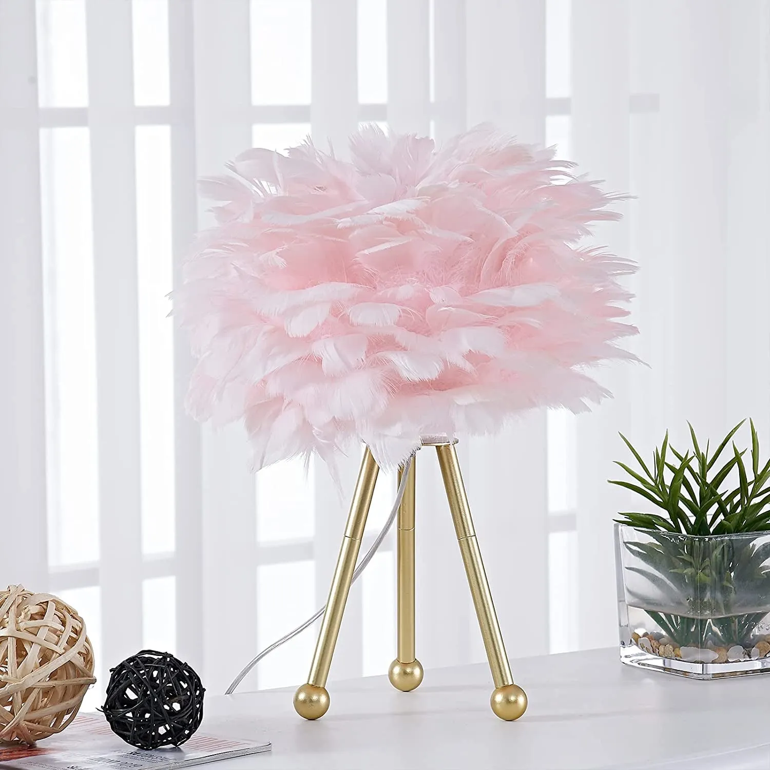 Maxax Tripod Table Lamp, Pink Feather Bedside Lamp, Nightstand Lamp with Gold Finish for Bedrooms/Living Room/Dining Room/Kitchen, 14.5 Inches