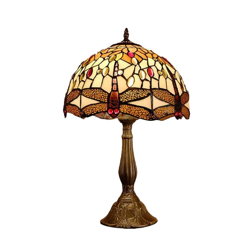 Mediterranean Bronze Dragonfly Nightstand Lamp with Hand Cut Glass - 1-Bulb Domed Design