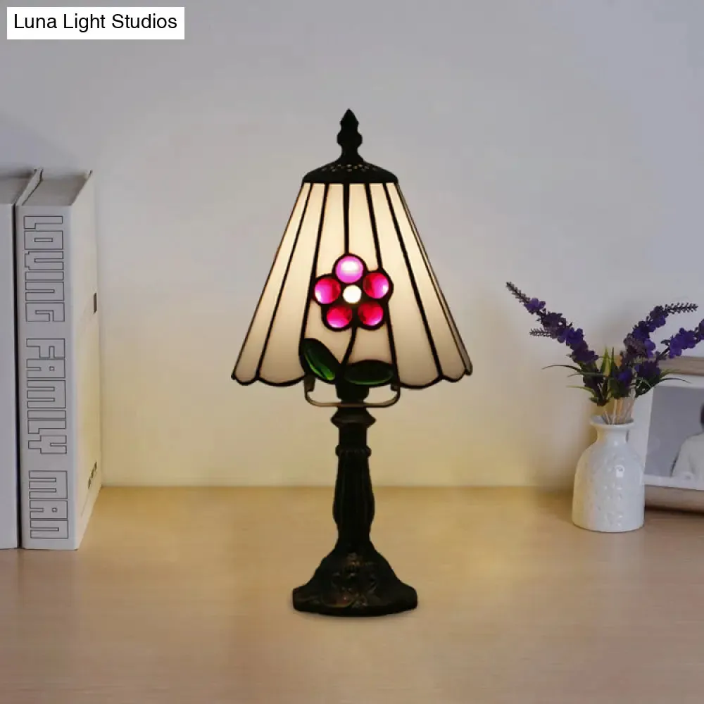 Mediterranean Stained Glass Night Light: White/Red with Conical/Flared Shape and Floral Pattern