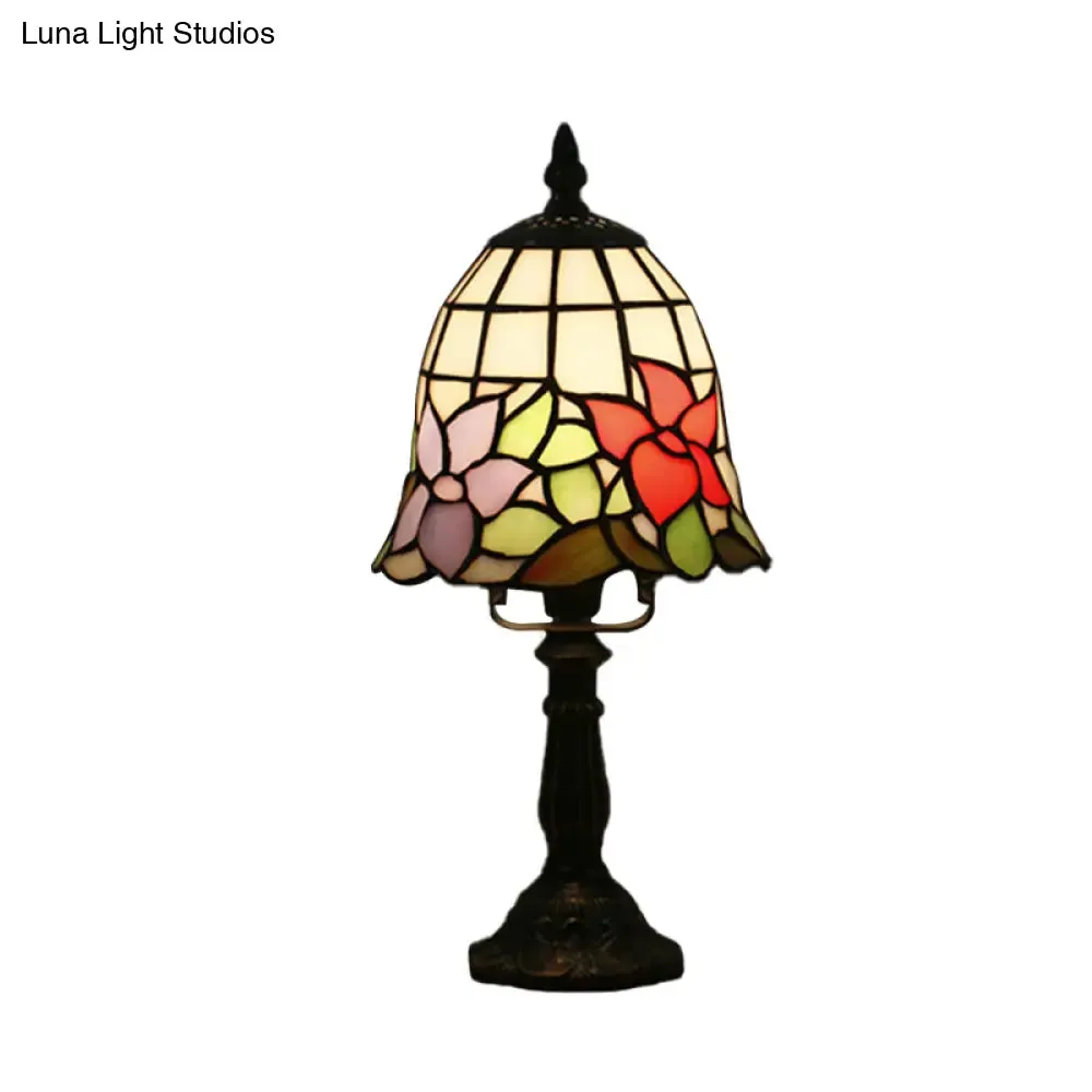 Mediterranean Stained Glass Night Light: White/Red with Conical/Flared Shape and Floral Pattern