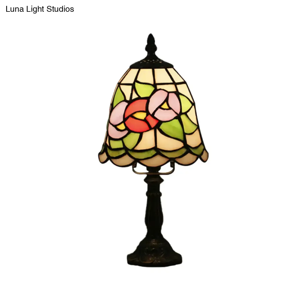 Mediterranean Stained Glass Night Light: White/Red with Conical/Flared Shape and Floral Pattern