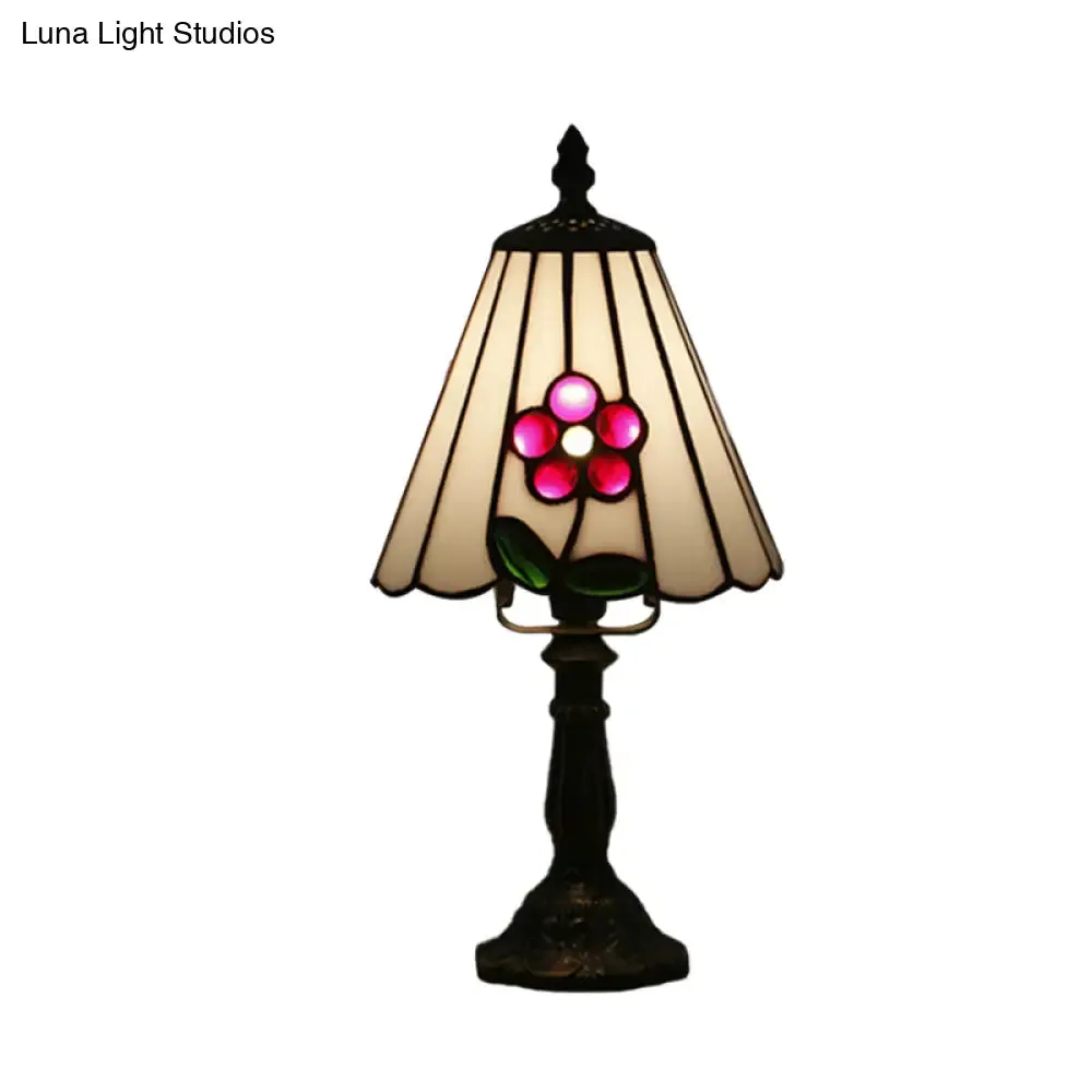 Mediterranean Stained Glass Night Light: White/Red with Conical/Flared Shape and Floral Pattern