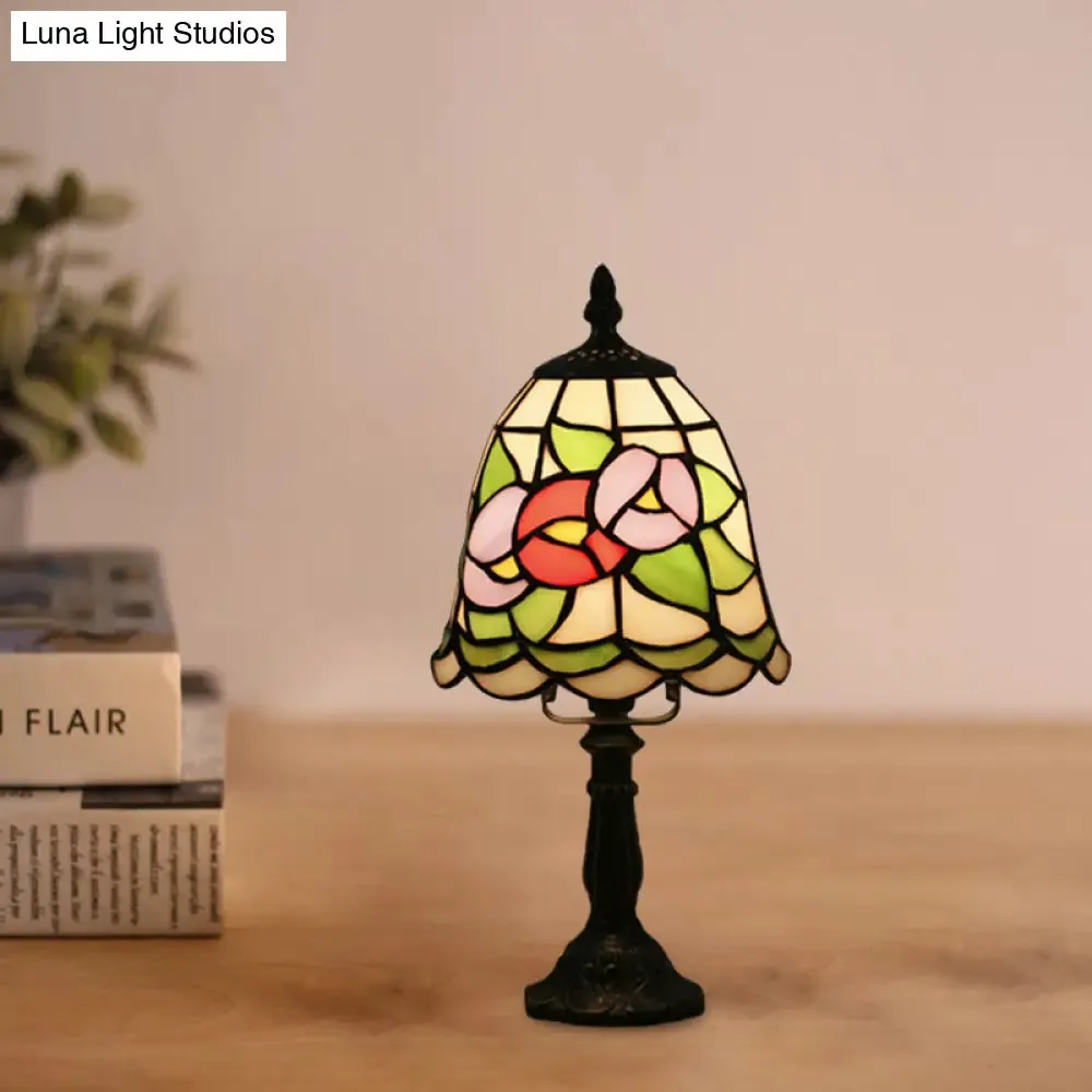 Mediterranean Stained Glass Night Light: White/Red with Conical/Flared Shape and Floral Pattern