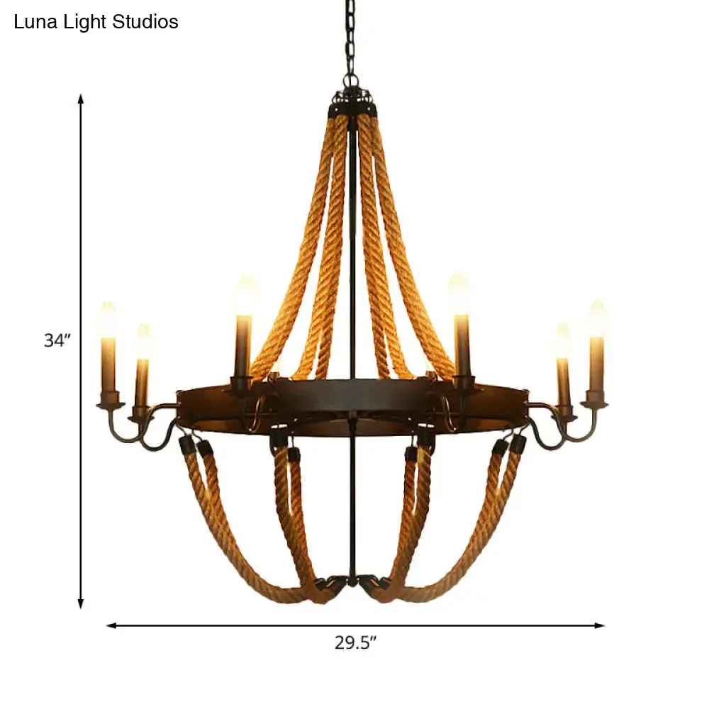 Metal Empire Chandelier - Lodge Style Pendant Lighting for Living Room with Rope Detail, 6/8 Lights, Black