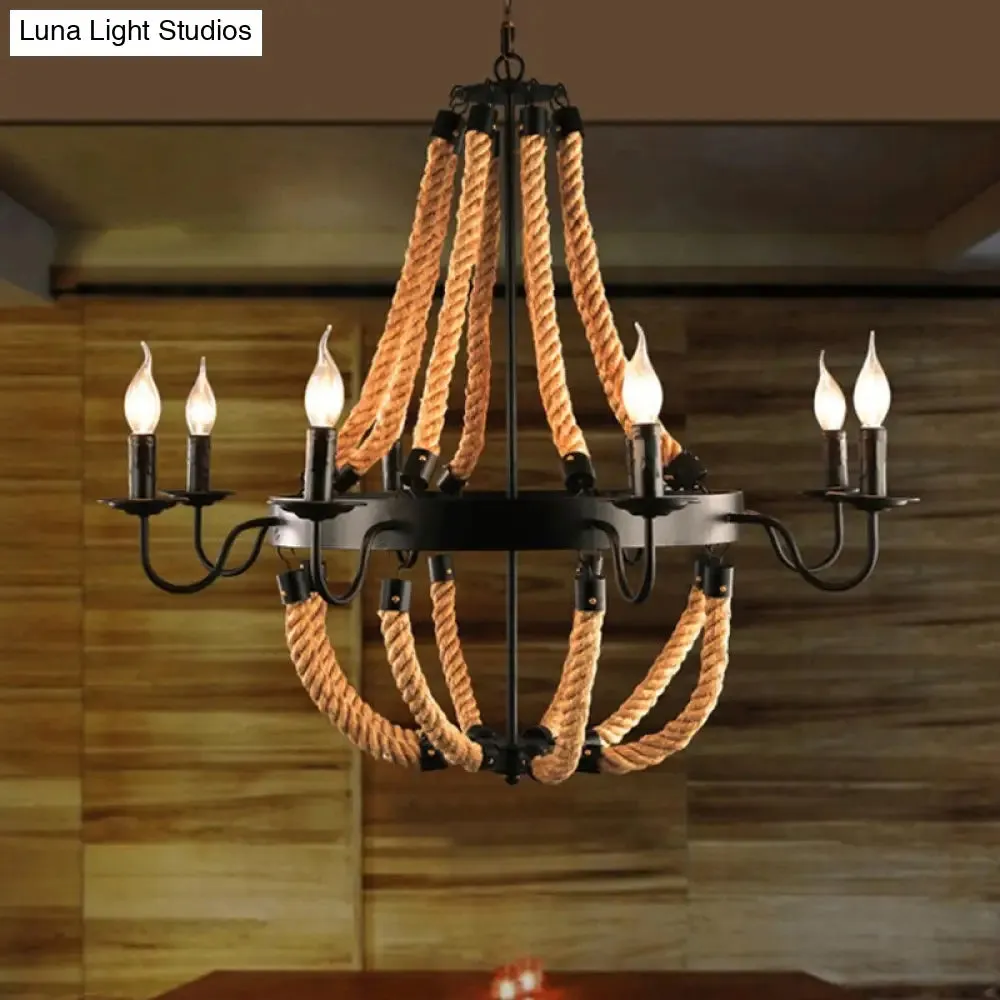 Metal Empire Chandelier - Lodge Style Pendant Lighting for Living Room with Rope Detail, 6/8 Lights, Black