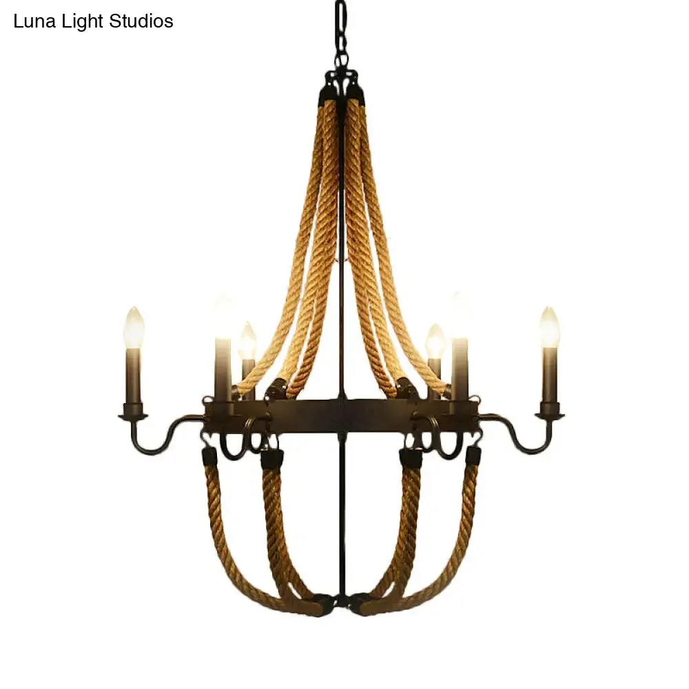 Metal Empire Chandelier - Lodge Style Pendant Lighting for Living Room with Rope Detail, 6/8 Lights, Black