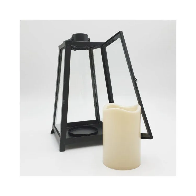 Metal Lantern with Battery-Operated Candle and Timer - Black Tapered