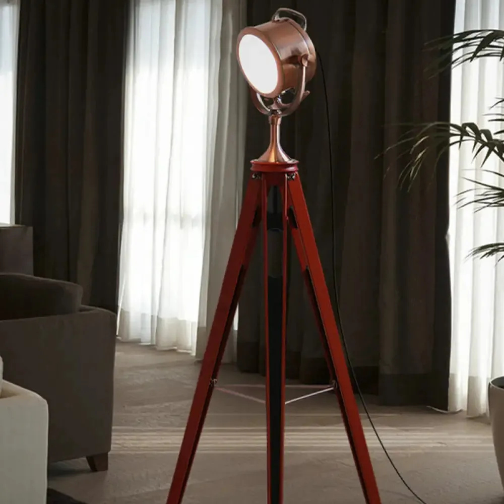 Metal Round Spotlight Floor Lamp with Wooden Tripod - Industrial Style, 1 Head, for Living Room