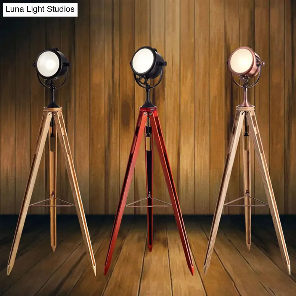 Metal Round Spotlight Floor Lamp with Wooden Tripod - Industrial Style, 1 Head, for Living Room