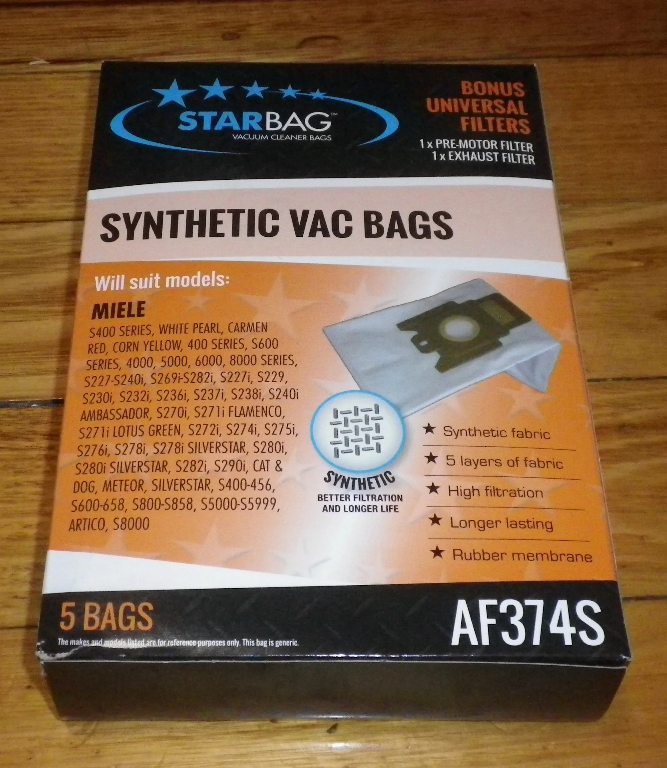 Miele Compatible High Filtration Synthetic Vacuum Cleaner Bags - Part No. AF374S