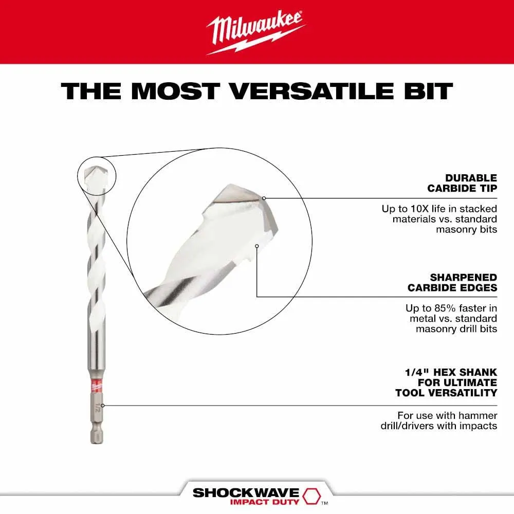 Milwaukee 48-20-8892 1/2" x 4" x 6" SHOCKWAVE Impact Duty Carbide Multi-Material Drill Bit