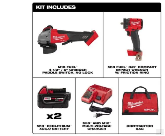 Milwaukee Tool M18 FUEL18V Li-Ion Brushless Grinder and 3/8 Impact Wrench Kit (2-Tool) w/ (2) 5Ah Batteries(2991-22)