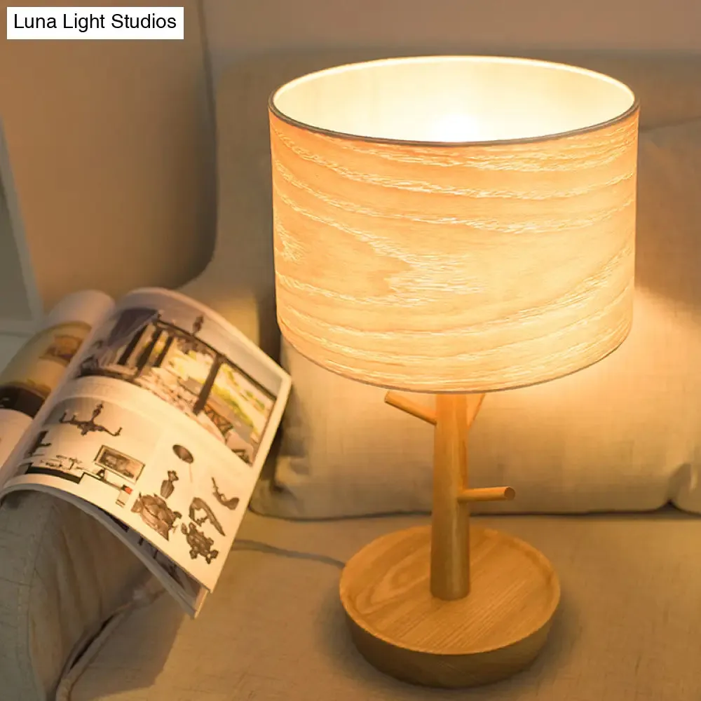 Modern 1-Light Beige Table Lamp with Wood Drum Shade and Hook Design - Functional Night Lighting