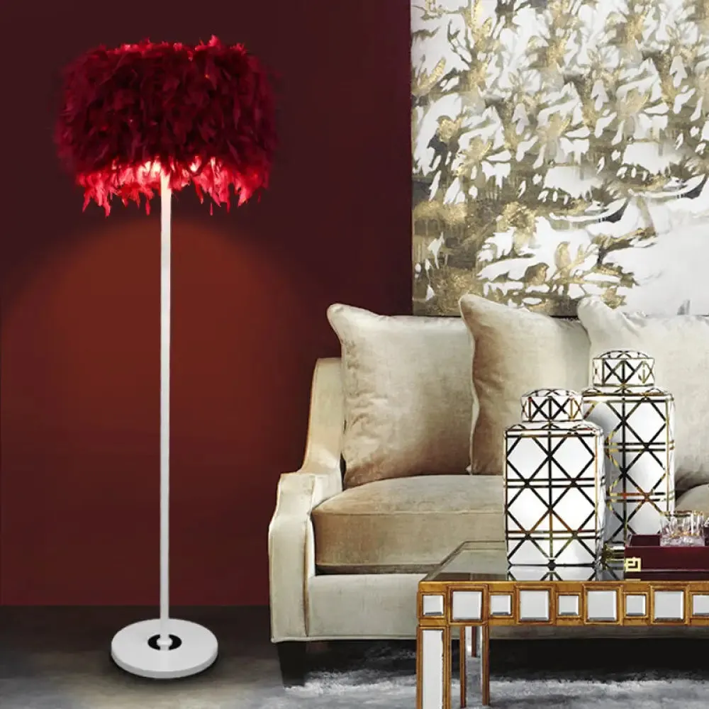 Modern 1-Light Feather Drum Shade Floor Lamp in Multi Colors for Living Room