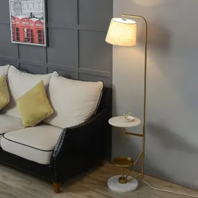 Modern 1-Light Floor Table Lamp: Beige Fabric Shade, Gold Curved Arm