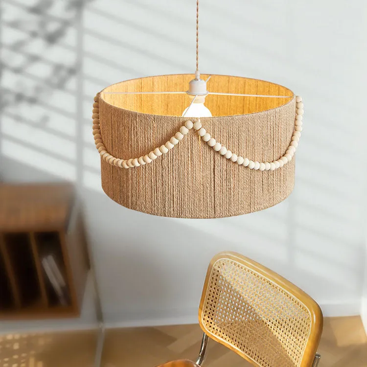 Modern Creative Hemp Rope Wooden Bead Cylinder 1-Light Pendant Light